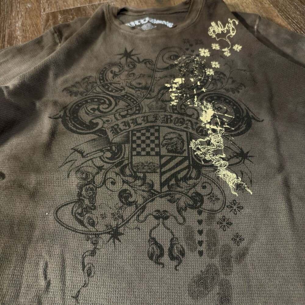 Y2K Billabong Waffle Long Sleeve Shirt Size L Brown Graphic Thermal - Picture 2 of 7